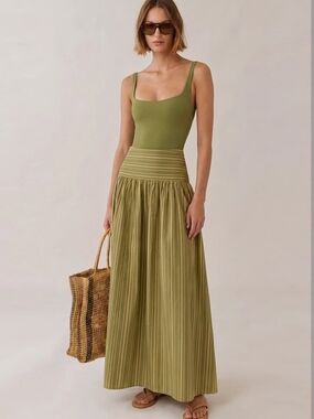Few Moda Striped Olive Maxi Skirt with Wide Waistband
